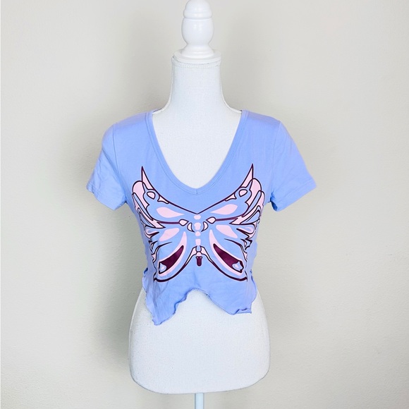Lavender, Pink & Brown Butterfly Lettuce Hem Asymmetrical Short Sleeve Crop Top - Picture 5 of 8